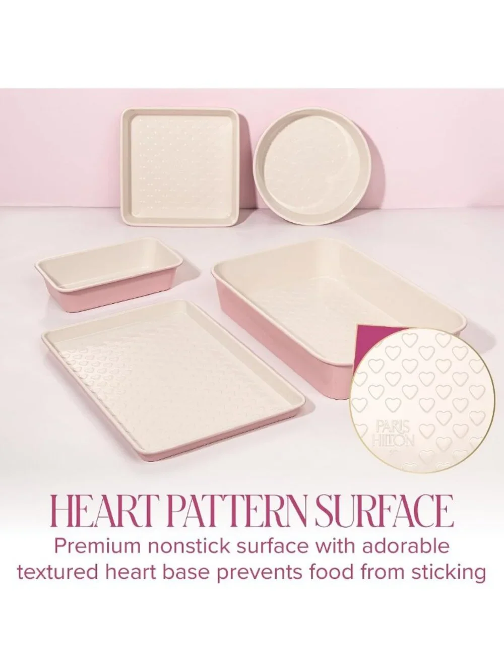 Nonstick Heart Pattern Bakeware Set - 5-Piece Heavy Duty Carbon Steel Pans, Pink